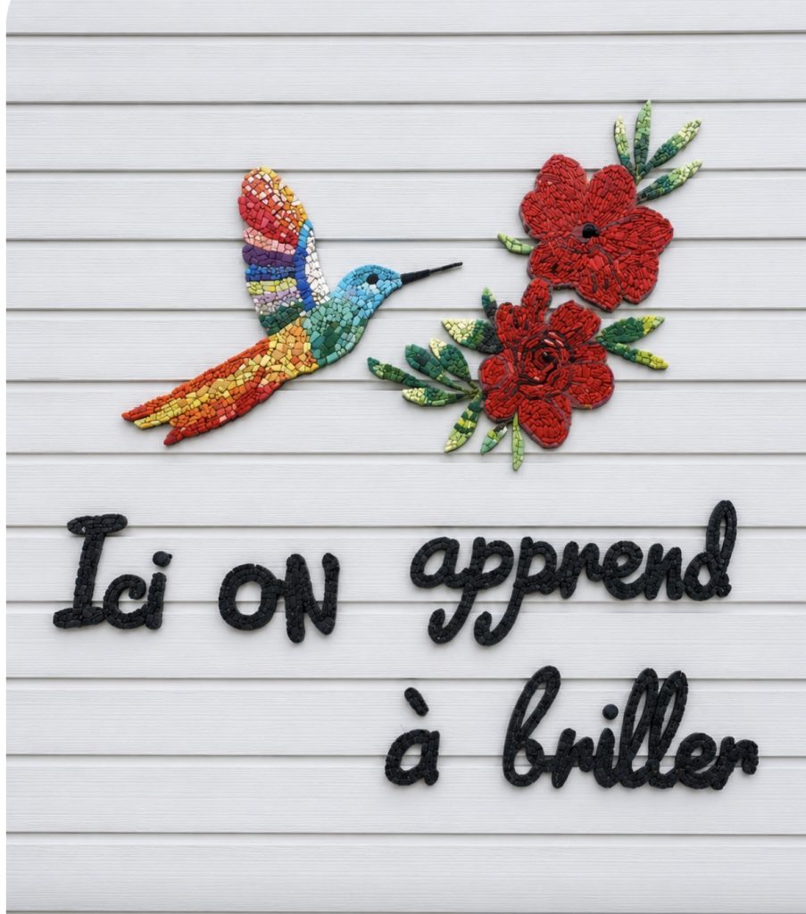 Fresque en mosaïque représentant un colibri multicolore, deux fleurs rouges et l'inscription « Ici, on apprend à briller ».