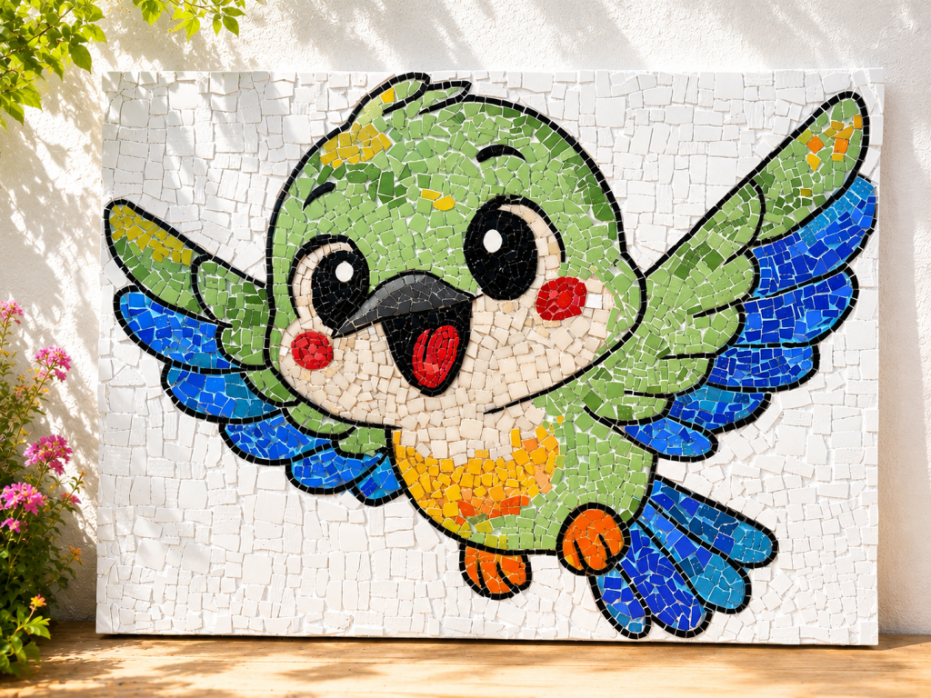 Mosaïque représentant Aubin, un petit oiseau vert aux ailes bleues et aux joues roses, réalisé dans le cadre d'un projet scolaire à Binas.